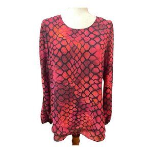 New Direction Womens Slit Sleeve Blouse~Size Small~Red Black Reptile Print Top